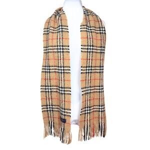 Burberry Scarf Wool House Check Houndstooth Plaid Brown Tan Red Fringe Angora